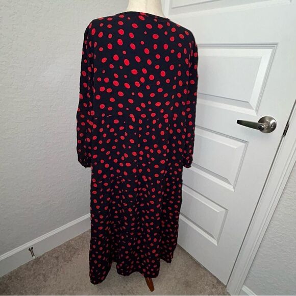 LOFT Polka Dot Print Long Sleeve 1/4 Button Down Ruffle Tier Maxi Dress - Picture 8 of 9